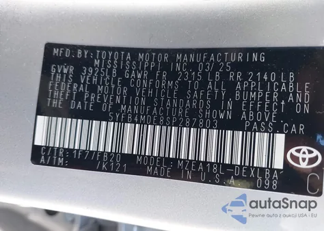 2025 Toyota Corolla Le из США, поврежденный, VIN 5YFB4MDE8SP287803